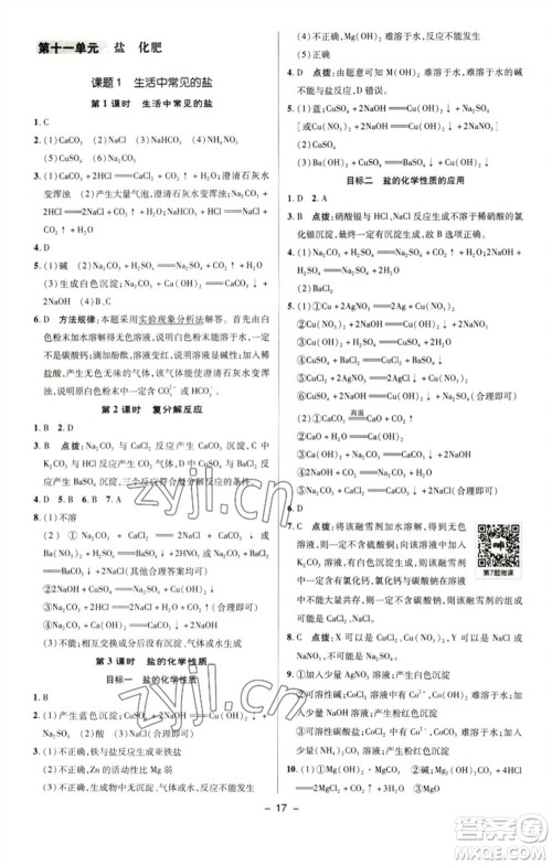 陕西人民教育出版社2023综合应用创新题典中点九年级化学下册人教版参考答案