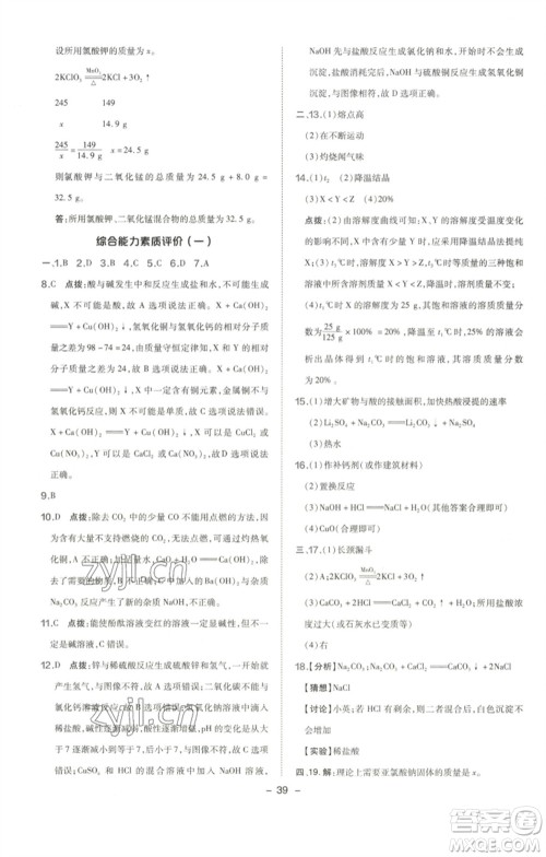 陕西人民教育出版社2023综合应用创新题典中点九年级化学下册人教版参考答案