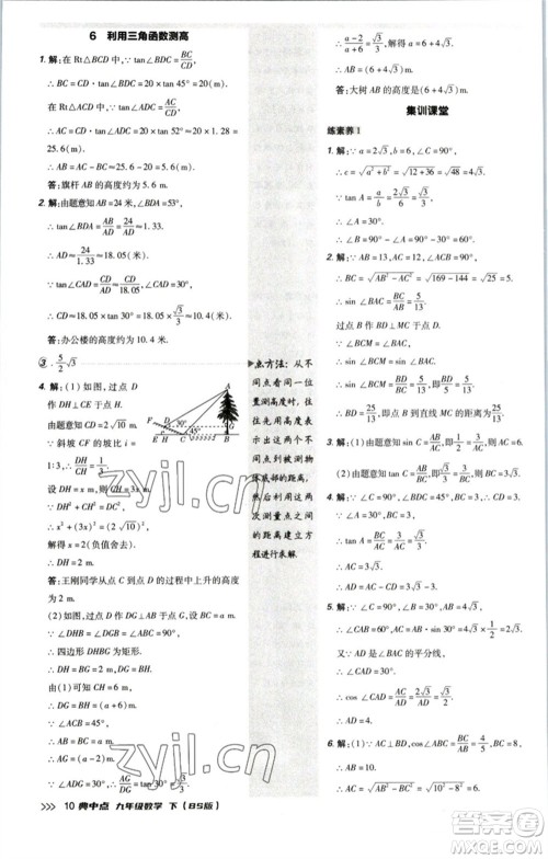 陕西人民教育出版社2023综合应用创新题典中点九年级数学下册北师大版参考答案