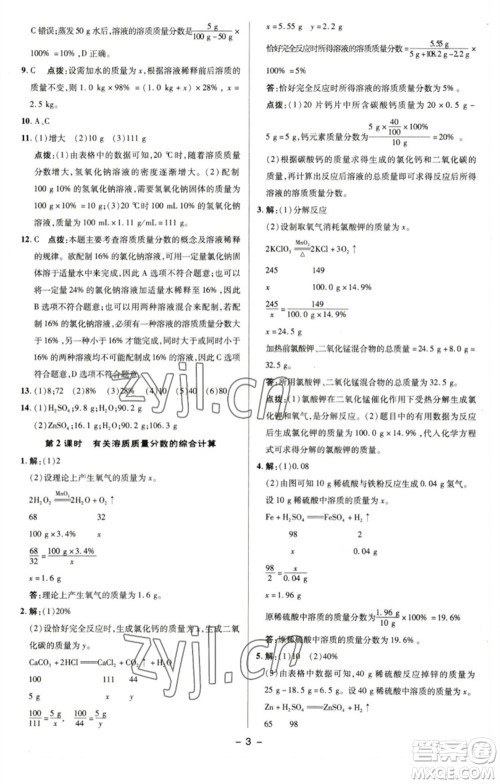 陕西人民教育出版社2023综合应用创新题典中点九年级化学下册沪教版参考答案