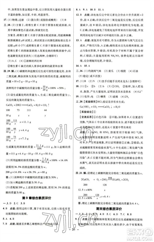 陕西人民教育出版社2023综合应用创新题典中点九年级化学下册沪教版参考答案