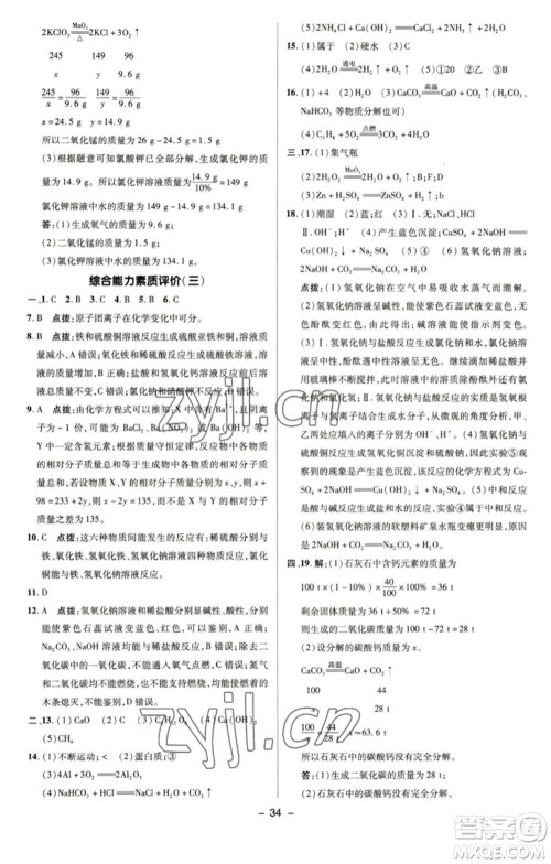 陕西人民教育出版社2023综合应用创新题典中点九年级化学下册沪教版参考答案