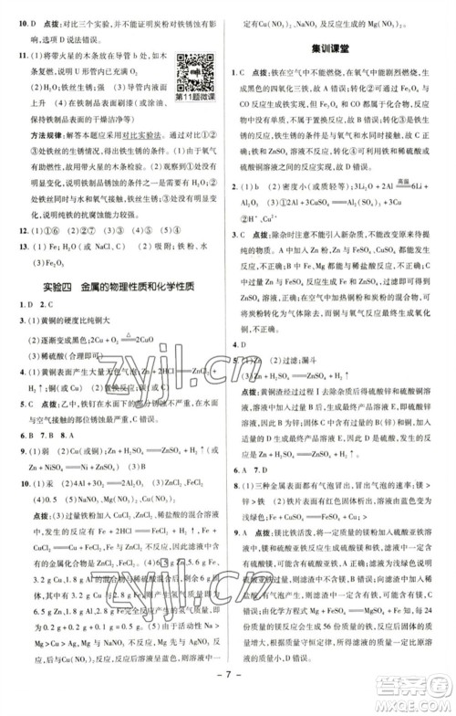 陕西人民教育出版社2023综合应用创新题典中点九年级化学下册科粤版参考答案