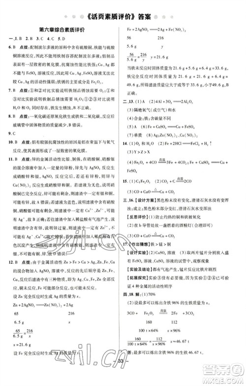 陕西人民教育出版社2023综合应用创新题典中点九年级化学下册科粤版参考答案