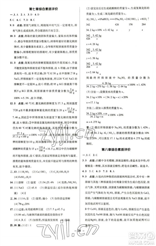 陕西人民教育出版社2023综合应用创新题典中点九年级化学下册科粤版参考答案