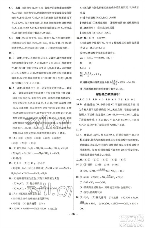 陕西人民教育出版社2023综合应用创新题典中点九年级化学下册科粤版参考答案