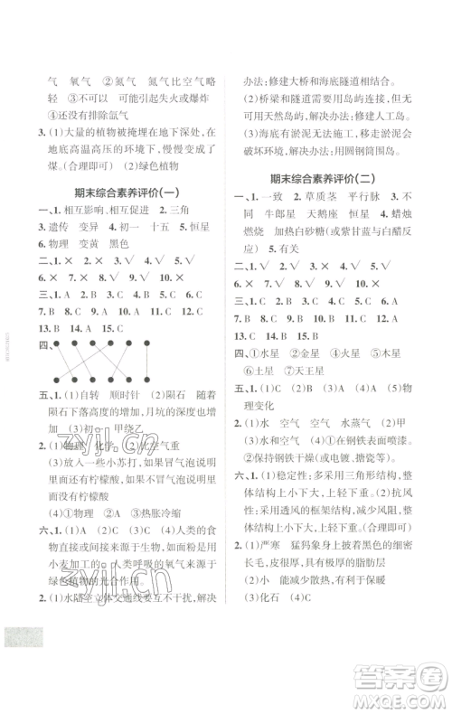 辽宁教育出版社2023小学学霸作业本六年级下册科学教科版参考答案