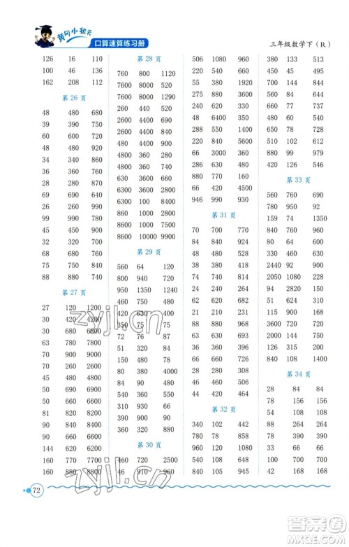 龙门书局2023黄冈小状元口算速算练习册三年级数学下册人教版参考答案