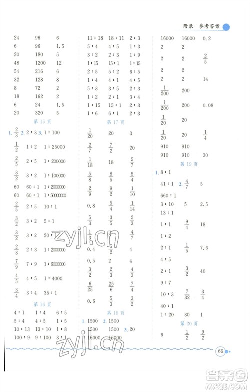 龙门书局2023黄冈小状元口算速算练习册六年级数学下册北师大版参考答案
