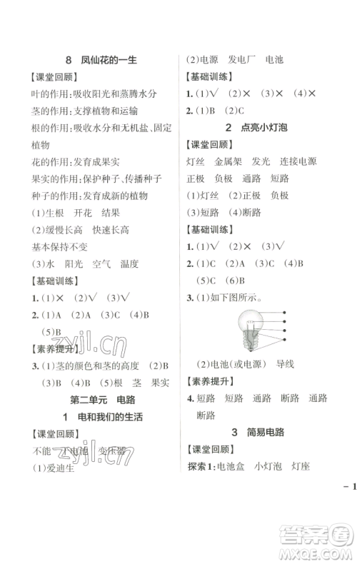 辽宁教育出版社2023小学学霸作业本四年级下册科学教科版参考答案