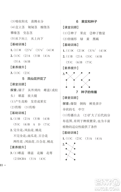 辽宁教育出版社2023小学学霸作业本四年级下册科学教科版参考答案