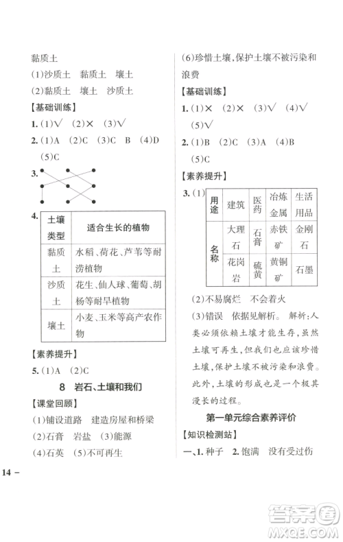 辽宁教育出版社2023小学学霸作业本四年级下册科学教科版参考答案