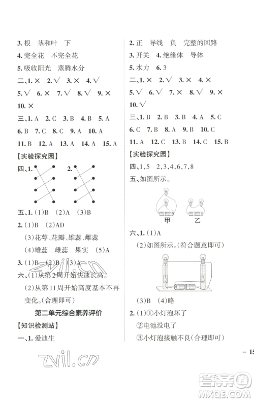 辽宁教育出版社2023小学学霸作业本四年级下册科学教科版参考答案