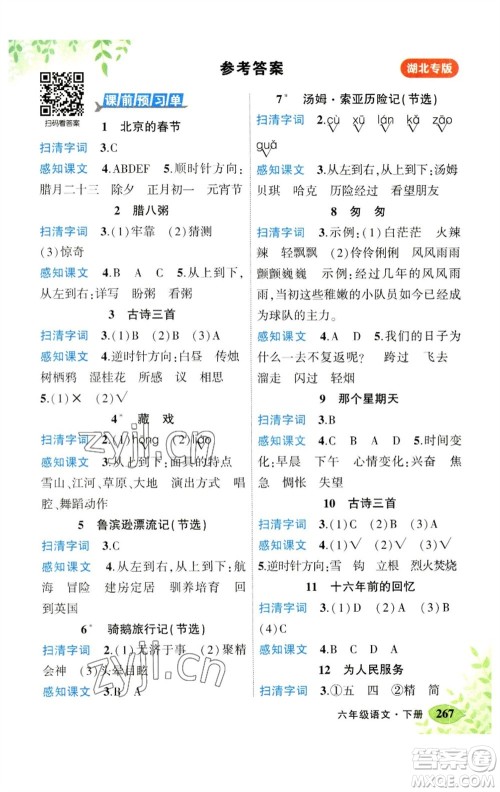吉林教育出版社2023春季状元成才路状元大课堂六年级语文下册人教版湖北专版参考答案 吉林教育出版社2023春季状元成才路状元大课堂六年级语文下册人教版湖北专版参考答案