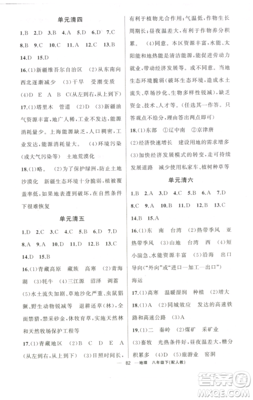 新疆青少年出版社2023四清导航八年级下册地理人教版参考答案