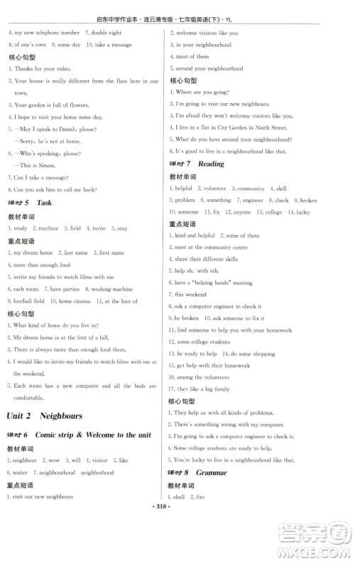 龙门书局2023启东中学作业本七年级下册英语译林版连云港专版参考答案