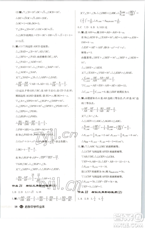 龙门书局2023启东中学作业本九年级下册数学江苏版徐州专版参考答案