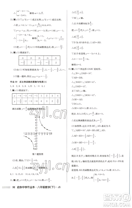 龙门书局2023启东中学作业本八年级下册数学江苏版参考答案