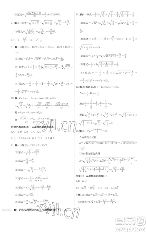 龙门书局2023启东中学作业本八年级下册数学江苏版参考答案