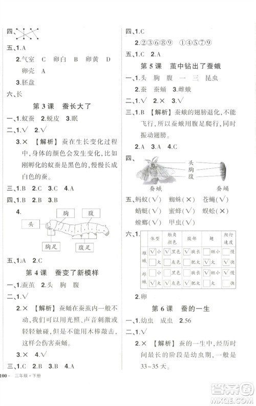 武汉出版社2023状元成才路创优作业100分三年级科学下册教科版参考答案