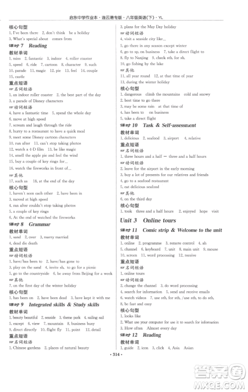 龙门书局2023启东中学作业本八年级下册英语译林版连云港专版参考答案