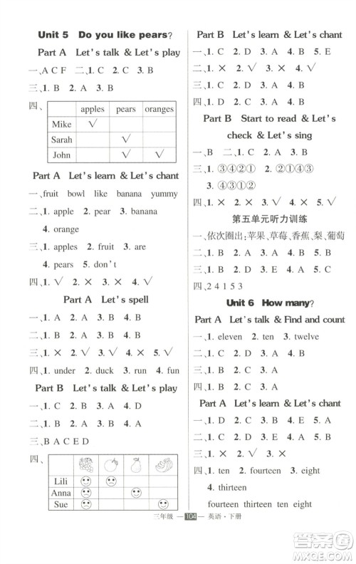 长江出版社2023状元成才路创优作业100分三年级英语下册人教PEP版参考答案