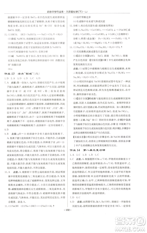 龙门书局2023启东中学作业本九年级下册化学鲁教版宿迁专版参考答案