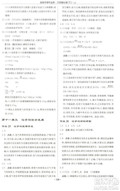 龙门书局2023启东中学作业本九年级下册化学鲁教版宿迁专版参考答案