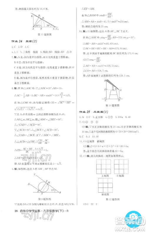 龙门书局2023启东中学作业本九年级下册数学人教版参考答案 龙门书局2023启东中学作业本九年级下册数学人教版参考答案