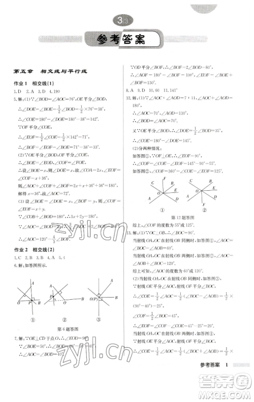 龙门书局2023启东中学作业本七年级下册数学人教版参考答案