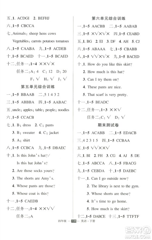 长江出版社2023状元成才路创优作业100分四年级英语下册人教PEP版参考答案