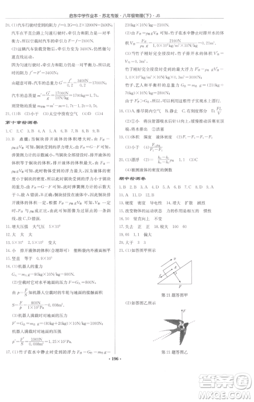 龙门书局2023启东中学作业本八年级下册物理苏科版苏北专版参考答案