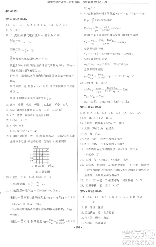 龙门书局2023启东中学作业本八年级下册物理苏科版苏北专版参考答案