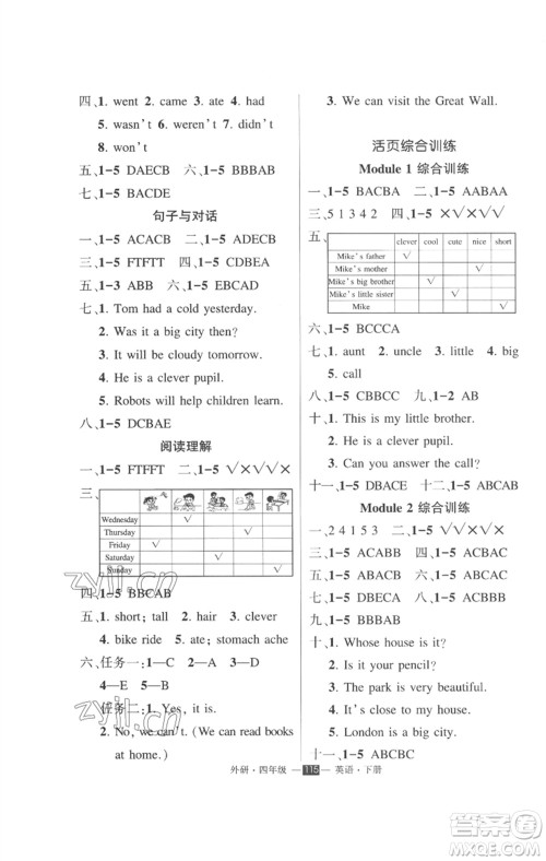 长江出版社2023状元成才路创优作业100分四年级英语下册外研版参考答案