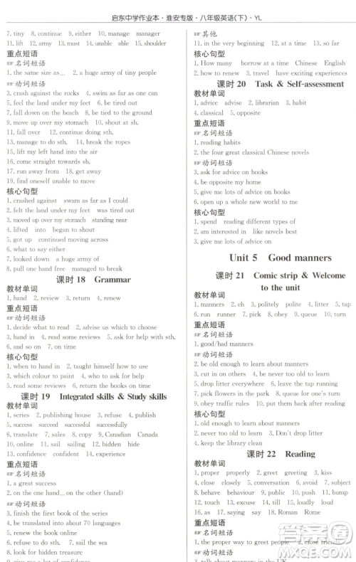 龙门书局2023启东中学作业本八年级下册英语译林版淮安专版参考答案