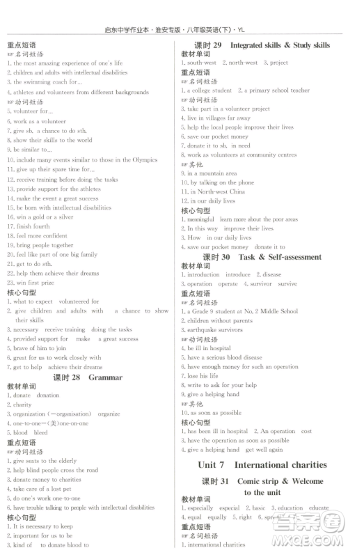 龙门书局2023启东中学作业本八年级下册英语译林版淮安专版参考答案