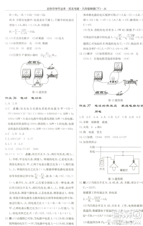 龙门书局2023启东中学作业本九年级下册物理江苏版苏北专版参考答案