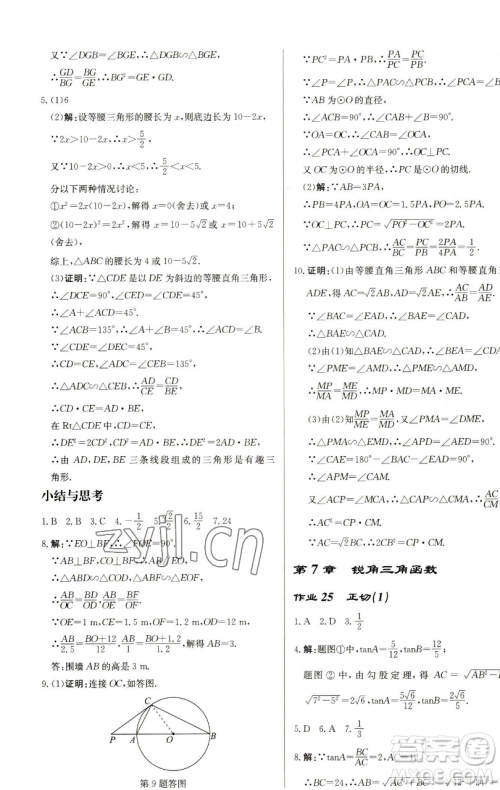 龙门书局2023启东中学作业本九年级下册数学苏科版盐城专版参考答案