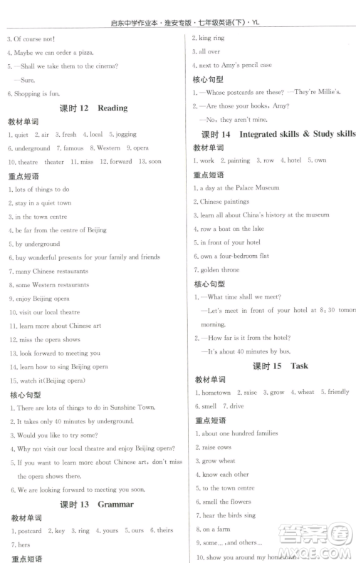 龙门书局2023启东中学作业本七年级下册英语译林版淮安专版参考答案 龙门书局2023启东中学作业本七年级下册英语译林版淮安专版参考答案