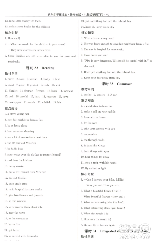 龙门书局2023启东中学作业本七年级下册英语译林版淮安专版参考答案