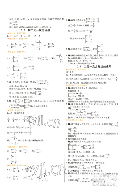 北京教育出版社2023倍速学习法七年级下册数学浙教版参考答案