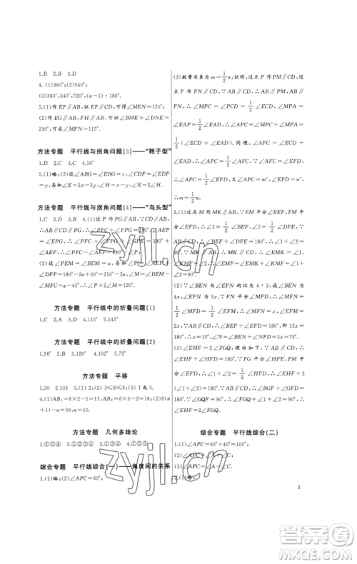 长江少年儿童出版社2023思维新观察培优讲练七年级下册数学人教版参考答案 长江少年儿童出版社2023思维新观察培优讲练七年级下册数学人教版参考答案