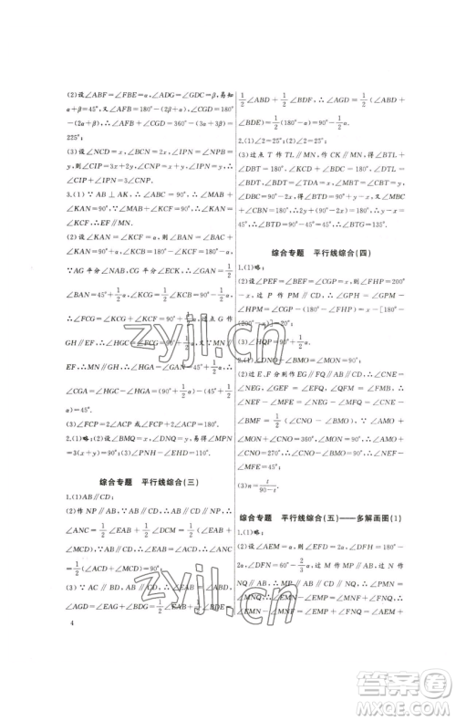 长江少年儿童出版社2023思维新观察培优讲练七年级下册数学人教版参考答案 长江少年儿童出版社2023思维新观察培优讲练七年级下册数学人教版参考答案