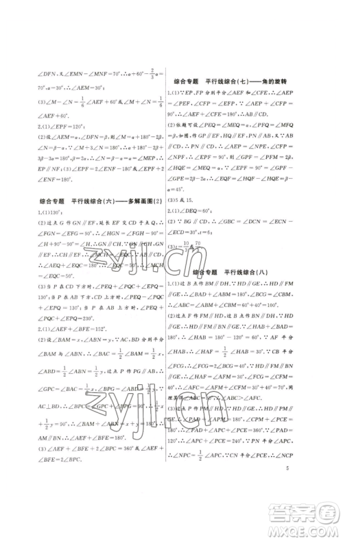 长江少年儿童出版社2023思维新观察培优讲练七年级下册数学人教版参考答案 长江少年儿童出版社2023思维新观察培优讲练七年级下册数学人教版参考答案