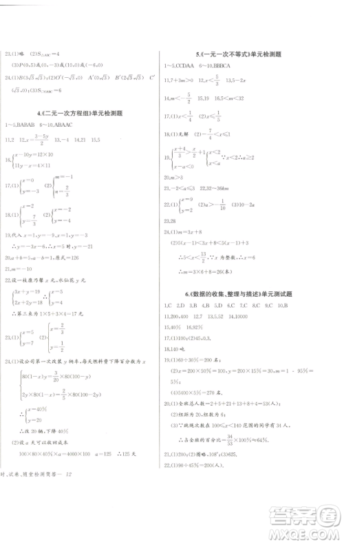 长江少年儿童出版社2023思维新观察七年级下册数学人教版天津专版参考答案