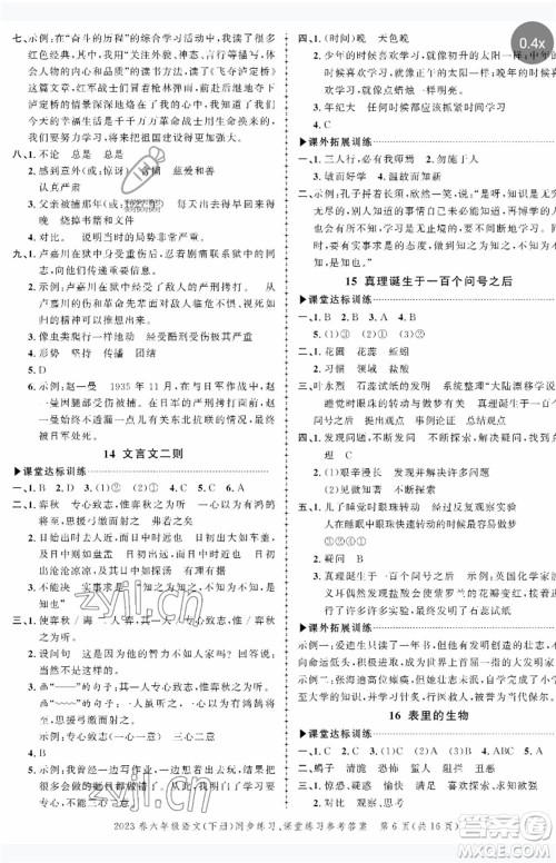 长江出版社2023状元成才路创优作业100分六年级语文下册人教版参考答案