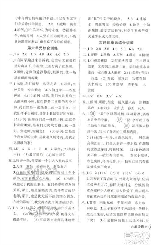 武汉出版社2023状元成才路创优作业100分六年级数语文下册人教版浙江专版参考答案