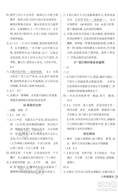 武汉出版社2023状元成才路创优作业100分六年级语文下册人教版贵州专版参考答案