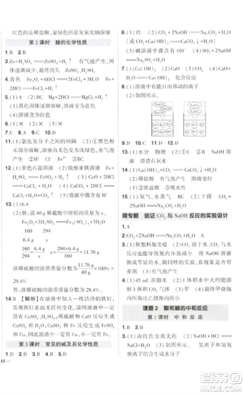 武汉出版社2023状元成才路创优作业九年级化学下册人教版参考答案