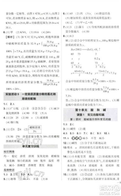 武汉出版社2023状元成才路创优作业九年级化学下册人教版参考答案